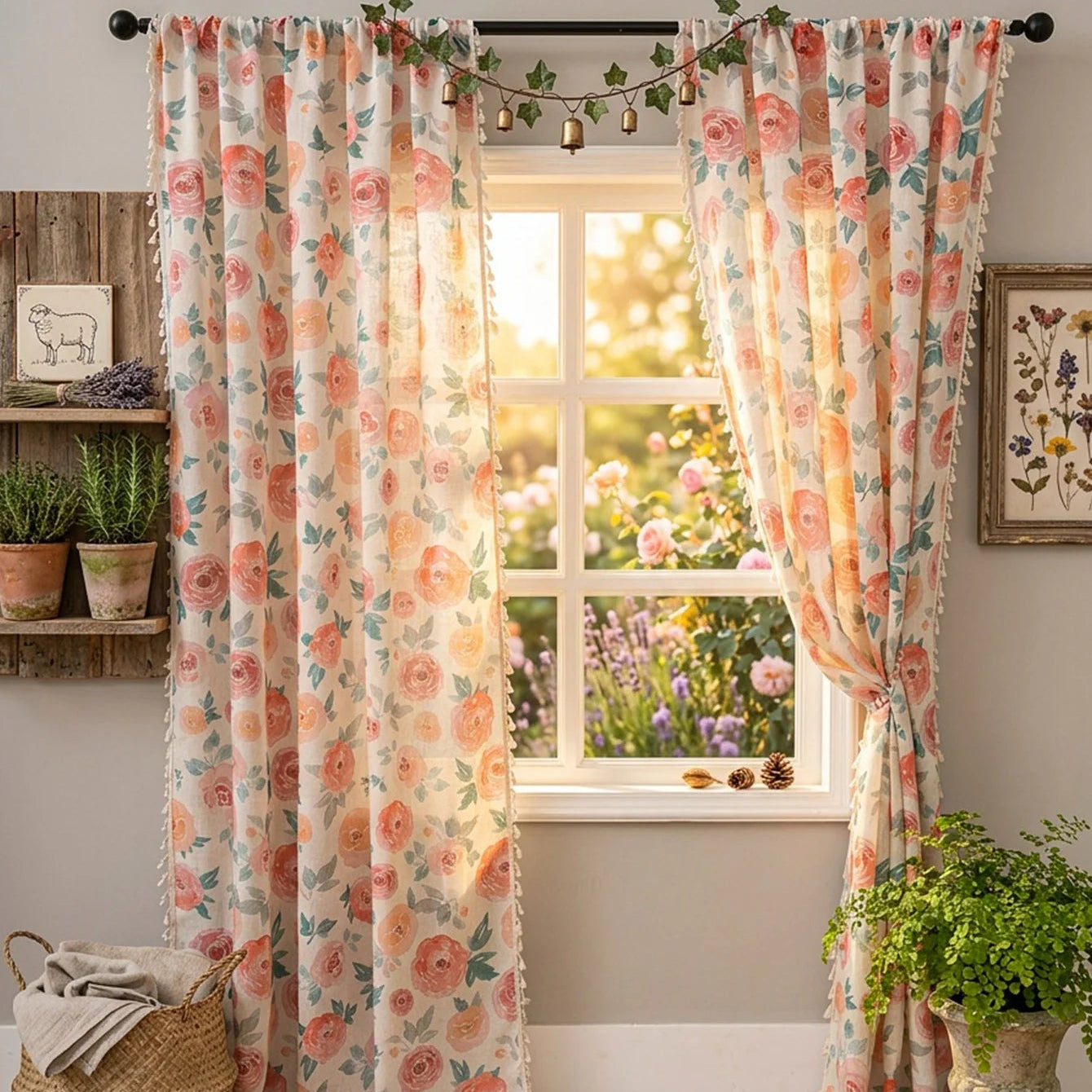 Rosa Blumen Vorhang mit Leinenoptik Lichtdurchlässig im Shabby Chic Stil für Wohnzimmer Kaufschwan®