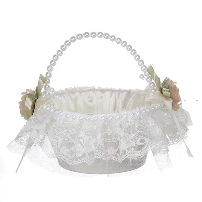 Blumenkorb für Blumenmädchen – Spitzenkorb mit Rosen für Hochzeit Kaufschwan® Weiß