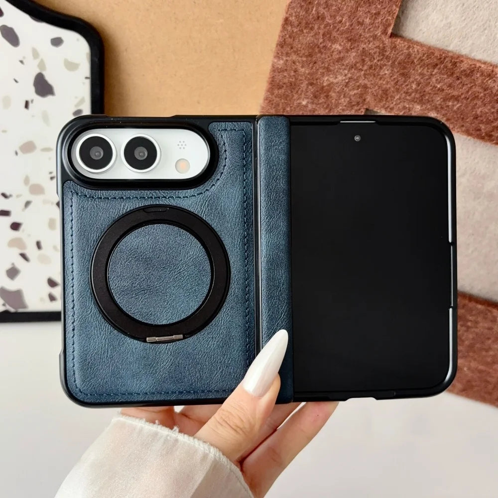 Luxuriöse Retro-Schutzhülle in Lederoptik für iPhone Duo – Magnetische MagSafe-Kompatible Hülle mit Drehbarem Ständer und Stoßschutz Kaufschwan® Blau iPhone Duo